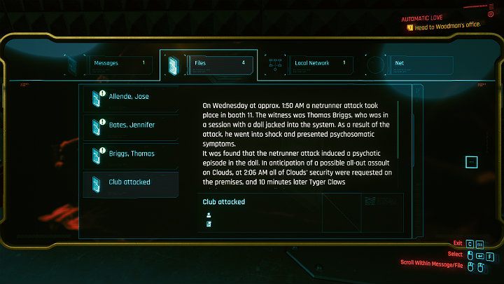 Drzazga leżąca w rogu pokoju zawiera wiele interesujących treści na temat zmian w grafiku - Cyberpunk 2077: Dom lalek/Automatic Love - solucja, opis przejścia - Cyberpunk 2077 - poradnik do gry