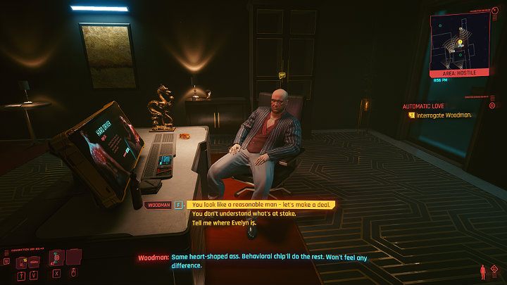 Jeśli Twoja postać ma wysoko rozwinięty atrybut Inteligencji, jeśli zbadałeś wcześniej kabinę numer 11 i/lub przeczytałeś wiadomości z komputera w pokoju kontrolnym możesz dogadać się z szefem klubu - Cyberpunk 2077: Dom lalek/Automatic Love - solucja, opis przejścia - Cyberpunk 2077 - poradnik do gry