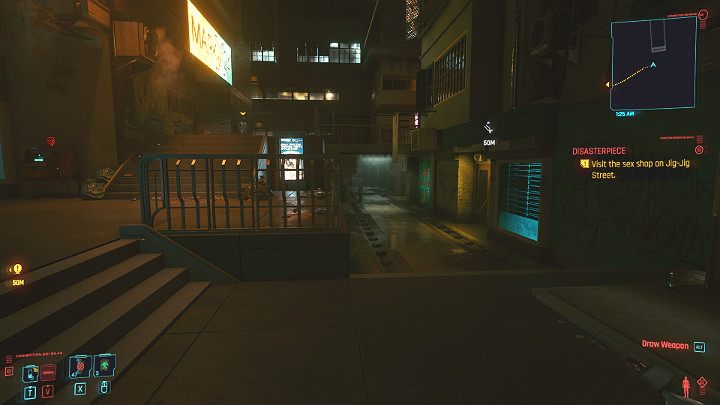 Jedno z zejść do dilera czarnych braindansów znajdziesz w miejscu widocznym na powyższym obrazku - Cyberpunk 2077: Bezład/Disasterpiece - solucja, opis przejścia - Cyberpunk 2077 - poradnik do gry