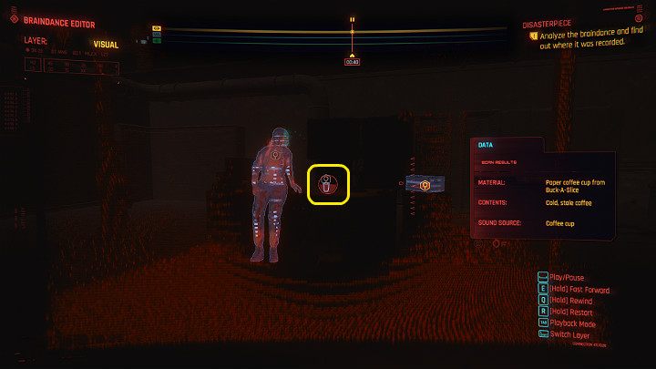 Pozostań w warstwie wizualnej i przesuń nagranie do około 00:40 sekundy - Cyberpunk 2077: Bezład/Disasterpiece - solucja, opis przejścia - Cyberpunk 2077 - poradnik do gry