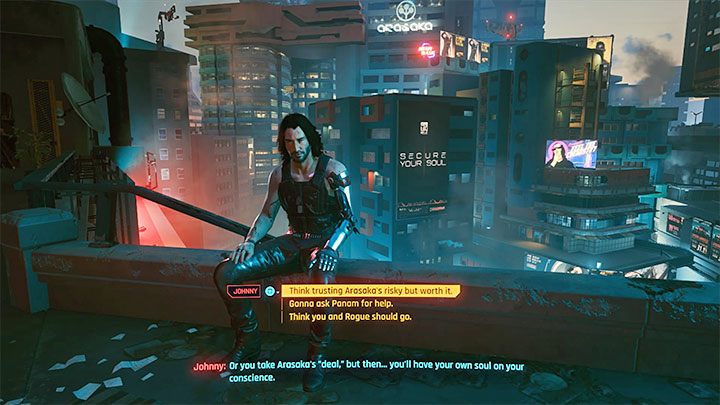 Po tym jak dotrzesz do wyboru zakończenia w ramach głównego questu Komu bije dzwon zdecyduj się na zakończenie korporacyjne, czyli na zaufanie korporacji Arasaka (powyższy obrazek) - Cyberpunk 2077: Wszystkie trofea związane z zakończeniami - Cyberpunk 2077 - poradnik do gry