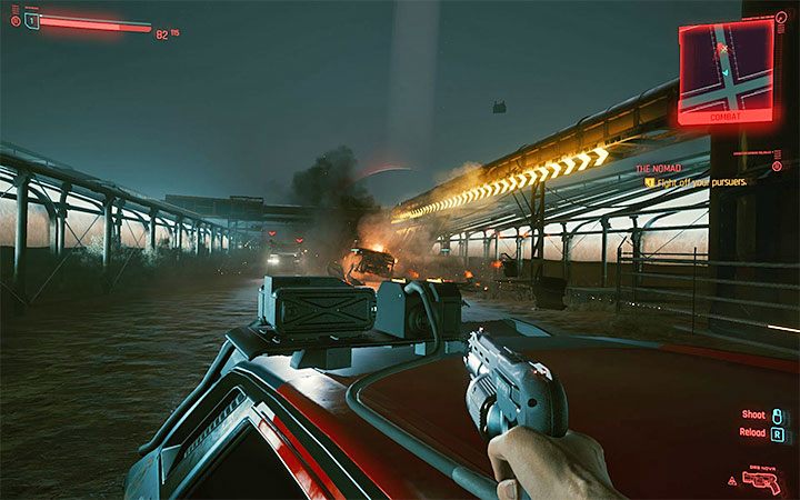 Niedługo po odjechaniu od posterunku granicznego pojawią się wrogie pojazdy pracowników korporacji nasłanych przez strażnika granicznego - Cyberpunk 2077: Zawsze wiatr w oczy - quest pochodzenia Nomada - solucja - Cyberpunk 2077 - poradnik do gry