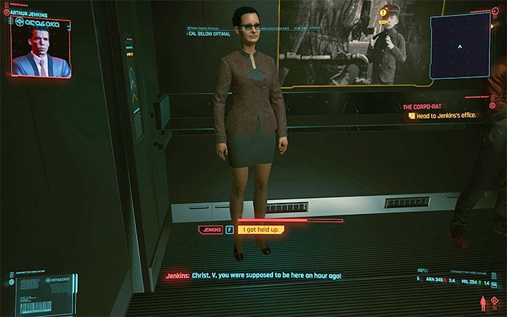 Wyjdź z toalety i wyrusz w stronę biura Jenkinsa, czyli przełożonego V - Cyberpunk 2077: Zawsze masz przejebane - quest pochodzenia Korp - solucja - Cyberpunk 2077 - poradnik do gry