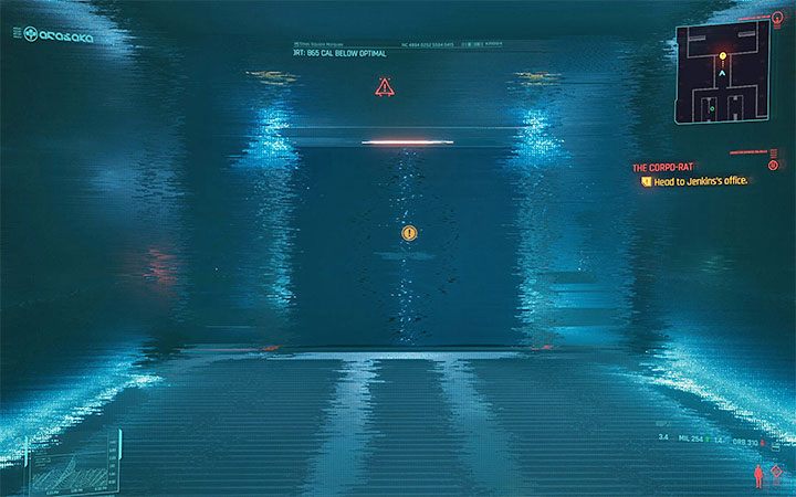 Po wyjściu z windy możesz zaliczyć opcjonalną rozmowę lub od razu dokończyć podróż do biura przechodząc po drodze przez skaner - Cyberpunk 2077: Zawsze masz przejebane - quest pochodzenia Korp - solucja - Cyberpunk 2077 - poradnik do gry