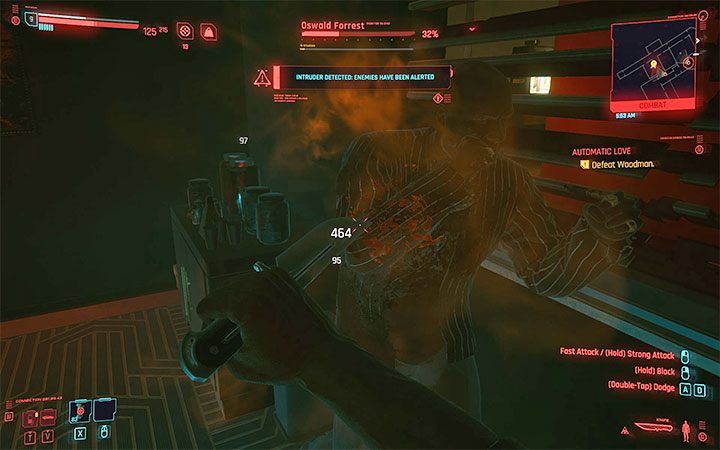Po rozpoczęciu walk staraj się walczyć z Woodmanem w zwarciu - Cyberpunk 2077: Jak pokonać bossa Woodman? - Cyberpunk 2077 - poradnik do gry