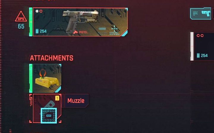 Tłumiki można instalować wyłącznie na broniach z pustym miejscem / slotem na modyfikację lufy (przykład broni z tym slotem pokazuje obrazek) - Cyberpunk 2077: Jak zamontować tłumik do broni? - Cyberpunk 2077 - poradnik do gry