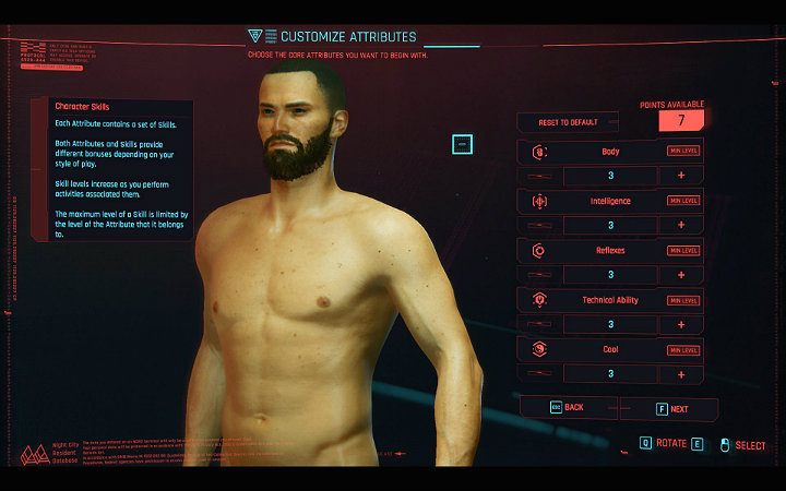 Rozwój postaci w grze Cyberpunk 2077 został oparty na 6 podstawowych atrybutach, a w trakcie tworzenia swojego bohatera możesz rozdysponować dostępne punkty wedle własnego uznania poprzez używanie przycisków plus i minus - Cyberpunk 2077: Kreator postaci - Cyberpunk 2077 - poradnik do gry