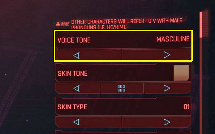 2) Ton głosu wybierany w głównym oknie kreatora - Cyberpunk 2077: Wszystkie romanse, porady - Cyberpunk 2077 - poradnik do gry
