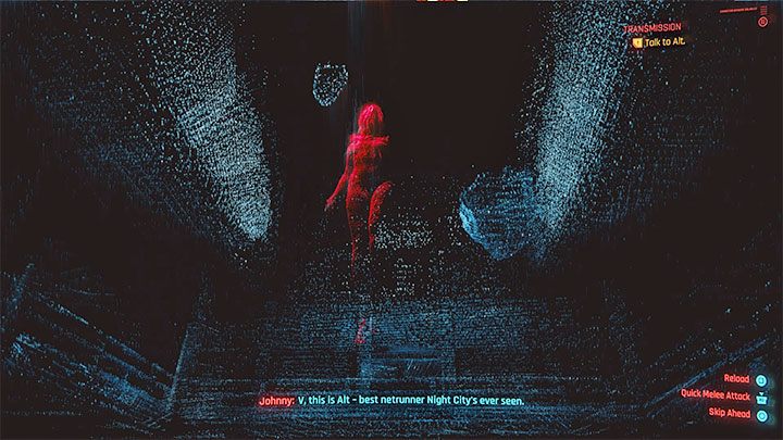 W trakcie rozgrywania wspomnianej misji fabularnej Alt Cunningham zostaje porwana przez korporację Arasaka i jako pierwsza osoba pada ofiarą stworzonego przez siebie programu Soulkiller - Cyberpunk 2077: Alt Cunningham - romans/seks - Cyberpunk 2077 - poradnik do gry