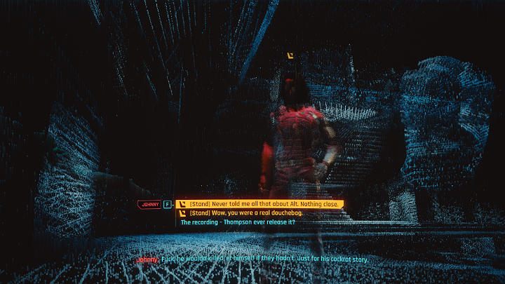 Możesz teraz porozmawiać z Johnnym na temat tego, co wydarzyło się w Arasaka Tower i o tym, co łączyło Silverhanda z Alt - Cyberpunk 2077: Czynnik ludzki/Transmission - solucja, opis przejścia - Cyberpunk 2077 - poradnik do gry