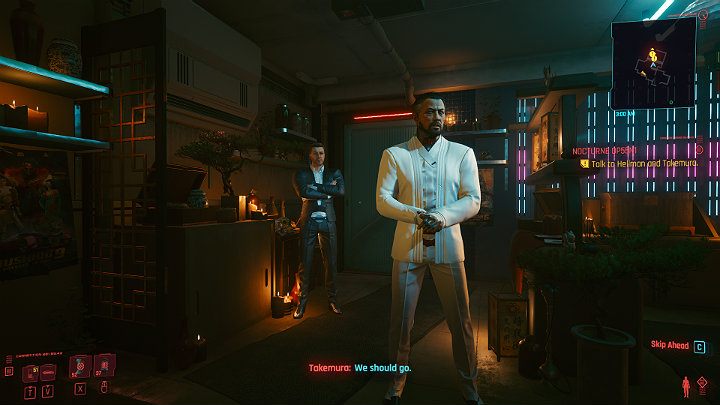 Po chwili w sklepi zjawi się Hellman i Takemura (jeśli uratowałeś go w misji Mieszkanie nr 303 (Search and Destroy)), by zabrać V w umówione miejsce - Cyberpunk 2077: Komu bije dzwon/Nocturne OP55N1 - solucja, opis przejścia - Cyberpunk 2077 - poradnik do gry