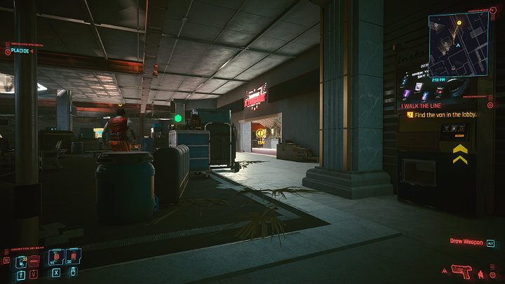 Po wejściu do siłowni ukucnij i trzymając się prawej strony pomieszczenia przejdź niezauważenie do atrium - wejście jest po prawej stronie - Cyberpunk 2077: Rozpoznanie wzorca/I Walk the Line - solucja, opis przejścia - Cyberpunk 2077 - poradnik do gry