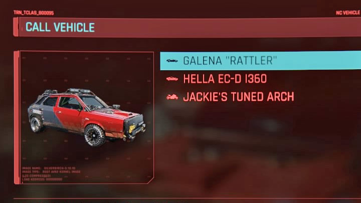 Jeśli wybrałeś drugi lub trzeci wariant z powyższej listy, to na liście pojazdów należących do V pojawi się nowe auto - Galena Rattler - Cyberpunk 2077: Wyboista droga - solucja, opis przejścia - Cyberpunk 2077 - poradnik do gry