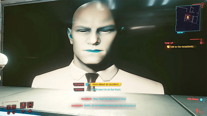 Po dotarciu na miejsce porozmawiaj z recepcjonistą (AI) na wielkim ekranie - Cyberpunk 2077: Delamain: Rekompensata/Tune Up - solucja, opis przejścia - Cyberpunk 2077 - poradnik do gry