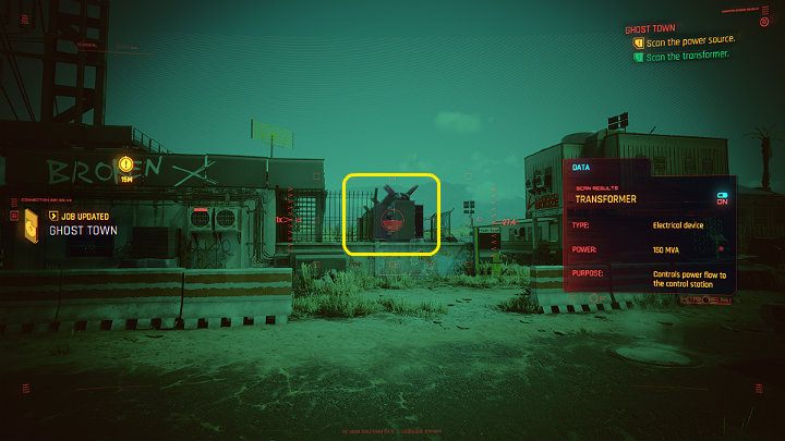 Idź za Panam i za pomocą Kiroshi zeskanuj transformator, a następnie źródło zasilania (na górze budynku) - Cyberpunk 2077: Na rozdrożach/Ghost Town - solucja, opis przejścia - Cyberpunk 2077 - poradnik do gry