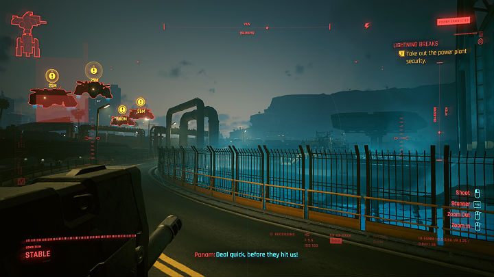 Gdy tylko wjedziecie na teren elektrowni, na niebie zaroi się od dronów bojowych, które będziesz musiał zestrzelić - Cyberpunk 2077: Ostatni gasi światło/Lightning Breaks - solucja, opis przejścia - Cyberpunk 2077 - poradnik do gry