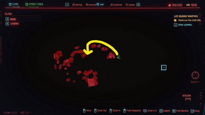 Idź trasą zaznaczoną na powyższym obrazku i przyczaj się przy skałach, by pozostać poza wzrokiem droidów i dronów - Cyberpunk 2077: Pasażer/Life During Wartime - solucja, opis przejścia - Cyberpunk 2077 - poradnik do gry