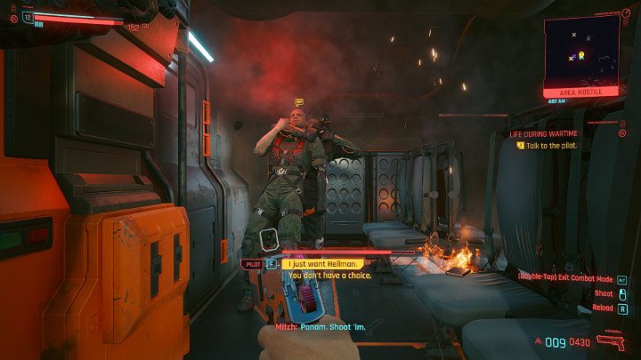 Wejdź do pojazdu i przesłuchaj pilota, który trzyma na muszce Mitcha - Cyberpunk 2077: Pasażer/Life During Wartime - solucja, opis przejścia - Cyberpunk 2077 - poradnik do gry