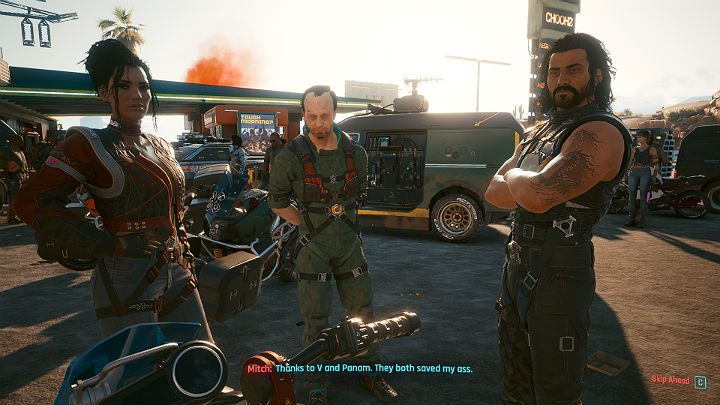 Wynieś Hellmana na zewnątrz, porozmawiaj z Panam, Mitchem i Saulem, a następnie załaduj Andersa na motocykl Scorpiona (teraz jest już Twój - Cyberpunk 2077: Pasażer/Life During Wartime - solucja, opis przejścia - Cyberpunk 2077 - poradnik do gry