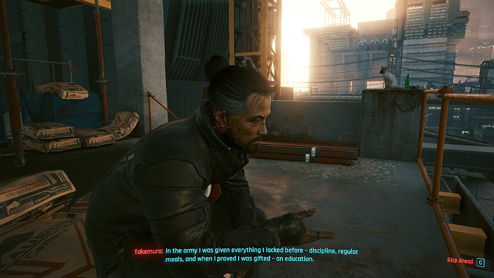 Wspólny wypad do Arasaka Industrial Park pozwoli poznać słabe punkty kompleksu, a szczera rozmowa scementuje przyjaźń Takemury z V co będzie miało znaczący wpływ na ich dalsze dialogi, a także na jedno z zakończeń gry Cyberpunk 2077 - Cyberpunk 2077: Iść na rekonesans Takemury? - Cyberpunk 2077 - poradnik do gry