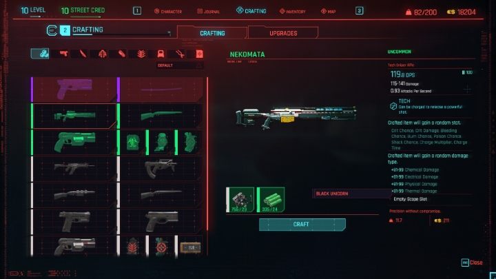 W zakładce Wytwarzanie (Crafting) możesz tworzyć całkowicie nowe przedmioty - Cyberpunk 2077: Crafting i ulepszanie broni - Cyberpunk 2077 - poradnik do gry