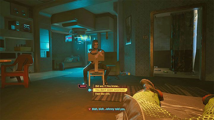 V odzyska świadomość w mieszkaniu w regionie Pacifica i załączy się rozmowa z Rogue - Cyberpunk 2077: Gdzie jest Johnny? (Rogue i Johnny)/Chippin In - solucja - Cyberpunk 2077 - poradnik do gry