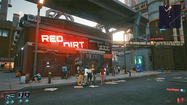 Po wysłuchaniu rozmowy telefonicznej wyrusz do klubu Red Dirt znajdującego się w dzielnicy Arroyo w Santo Domingo - Cyberpunk 2077: A Like Supreme (Kerry) - solucja, opis przejścia - Cyberpunk 2077 - poradnik do gry