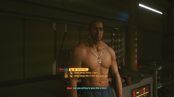 Wyraźnie daj mu do zrozumienia, że chcesz nawiązać z nim bliższe stosunki - Cyberpunk 2077: River Ward - romans/seks - Cyberpunk 2077 - poradnik do gry