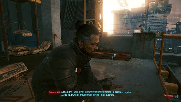 Opcjonalny, wspólny wypad do Arasaka Industrial Park (główne zadanie fabularne Koty w ciemności (Gimme Danger)) umożliwia Takemurze i V szczerą rozmowę na temat przeszłości Goro, co jeszcze bardziej scementuje ich przyjaźń - Cyberpunk 2077: Goro Takemura - towarzysz - Cyberpunk 2077 - poradnik do gry