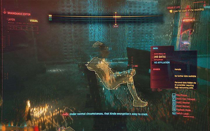 Dodatkowa ciekawostka - Inny sposób rezygnacji z wymuszonego widoku FPP pojawia się podczas analizowania nagrań braindansu - Cyberpunk 2077: Widok TPP, oglądanie V - Cyberpunk 2077 - poradnik do gry