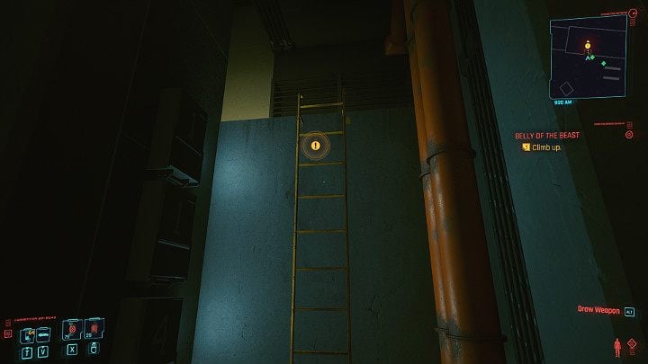 Wejdź po drabinie na górę, a następnie przejdź przez podwójne drzwi i skorzystaj z kolejnej drabiny, by tunelem technicznym dostać się na teren Arasaka Tower - Cyberpunk 2077: Kwarantanna/Belly of the Beast - solucja, opis przejścia - Cyberpunk 2077 - poradnik do gry