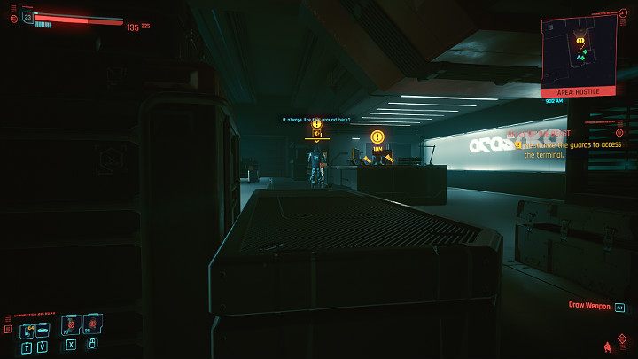 Schowaj się za skrzynią i poczekaj, aż strażnicy skończoną rozmowę - Cyberpunk 2077: Kwarantanna/Belly of the Beast - solucja, opis przejścia - Cyberpunk 2077 - poradnik do gry