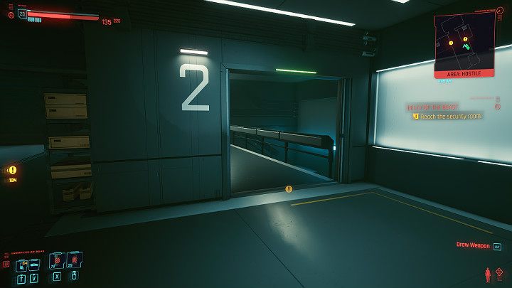 Przejdź przez drzwi prowadzące do klatki schodowej, a następnie zejdź na niższe piętro budynku - Cyberpunk 2077: Kwarantanna/Belly of the Beast - solucja, opis przejścia - Cyberpunk 2077 - poradnik do gry