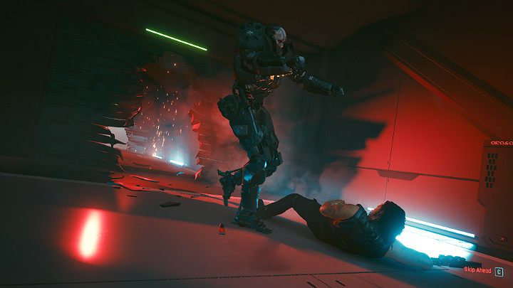 Gdy tylko wejdziesz do głównego korytarza prowadzącego do Mikoshi, na Twojej drodze stanie Adam Smasher - jeden z głównych bossów w grze Cyberpunk 2077 - Cyberpunk 2077: Kwarantanna/Belly of the Beast - solucja, opis przejścia - Cyberpunk 2077 - poradnik do gry