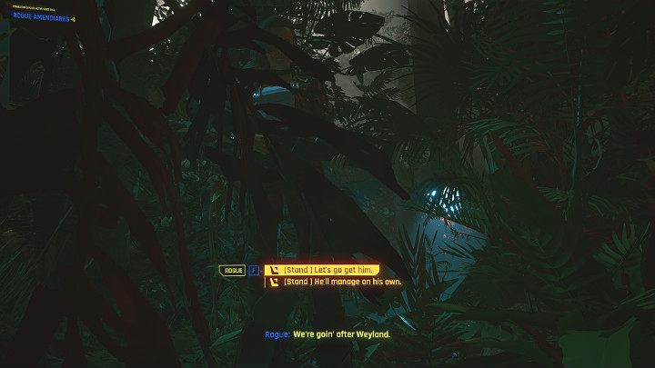 Dzięki retrokinetykom, Johnnyemu i Rogue udaje się bezpiecznie wylądować w dżungli Arasaki, ale Wyland został w pojeździe, który rozbił się przy wodospadzie - Cyberpunk 2077: Ostatnie tango w Night City - solucja, opis przejścia - Cyberpunk 2077 - poradnik do gry