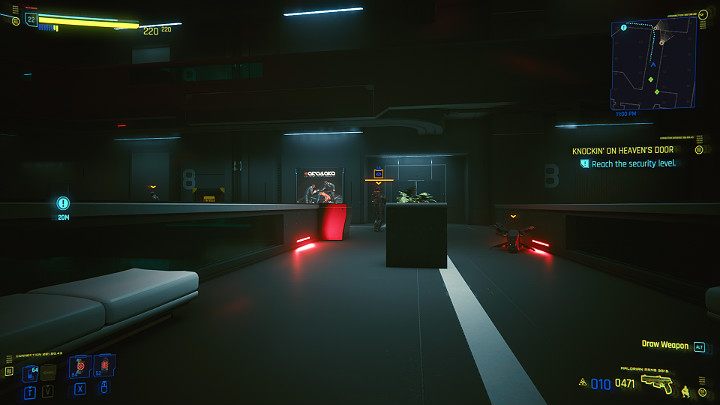 Gdy tylko wylądujesz na niższym poziomie, od razu ukryj się - stacjonuje tu dwóch strażników i jeden dron - Cyberpunk 2077: Ostatnie tango w Night City - solucja, opis przejścia - Cyberpunk 2077 - poradnik do gry
