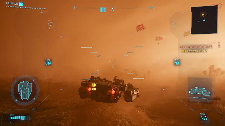 Tuż przed granicą wlatują w burzę piaskową, a ich obecność zostaje odkryta przez drony zwiadowcze MiliTechu - Cyberpunk 2077: Zakończenie nomadzkie - współpraca z Panam i Aldecaldos - Cyberpunk 2077 - poradnik do gry