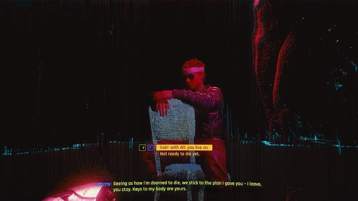 Ze względu na to, że Johnny cały czas ma pełną kontrolę nad ciałem V, może zrobić z nim co uzna za słuszne - Cyberpunk 2077: Zakończenie Johnnyego - współpraca z Rogue - Cyberpunk 2077 - poradnik do gry