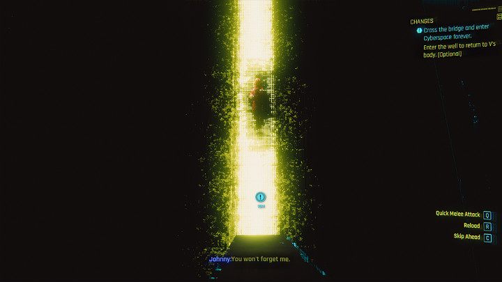 Johnny oddaje kontrolę V i pozwala wrócić mu do własnego ciała, a tym samym odchodzi z Alt do Cyberprzestrzeni za Blackwallem i staje się częścią jej kodu - Cyberpunk 2077: Zakończenie Johnnyego - współpraca z Rogue - Cyberpunk 2077 - poradnik do gry