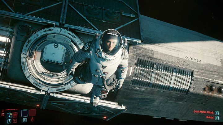 V włączy proces dekompresji, a następnie otworzy ciężkie wrota, odepchnie się od pojazdu i wyjdzie w przestrzeń kosmiczną - Cyberpunk 2077: Zakończenie Johnnyego - współpraca z Rogue - Cyberpunk 2077 - poradnik do gry