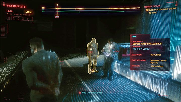 Rozpocznij od obejrzania całego braindanceu - trwa on około 1 minuty i 30 sekund - Cyberpunk 2077: Stróże bezprawia/I Fought the Law (River) - solucja - Cyberpunk 2077 - poradnik do gry