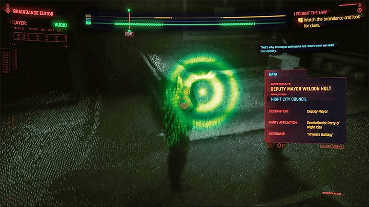 Przełącz się na warstwę audio i pozostań skupiony na postaci Welda Holta - Cyberpunk 2077: Stróże bezprawia/I Fought the Law (River) - solucja - Cyberpunk 2077 - poradnik do gry