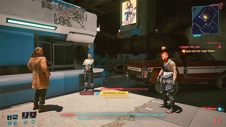 Po powrocie do auta zauważysz kręcących się przy nim zbirów z gangu Tyger Claws - Cyberpunk 2077: Stróże bezprawia/I Fought the Law (River) - solucja - Cyberpunk 2077 - poradnik do gry