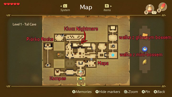Tutaj można znaleźć lokalizację najważniejszych rzeczy w Tail Cave. - Tail Cave | Solucja The Legend of Zelda Links Awakening - The Legend of Zelda Links Awakening - poradnik do gry
