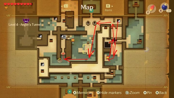 Przesuń blok, aby móc iść w dół, przeskocz nad wielką dziurą i nadal idź w dół - Anglers Tunnel | Solucja The Legend of Zelda Links Awakening - The Legend of Zelda Links Awakening - poradnik do gry