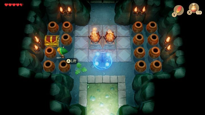 Zapal pochodnie aby zabić potwory i weź ze skrzyni Bransoletę Mocy - Bottle Grotto | Solucja The Legend of Zelda Links Awakening - The Legend of Zelda Links Awakening - poradnik do gry