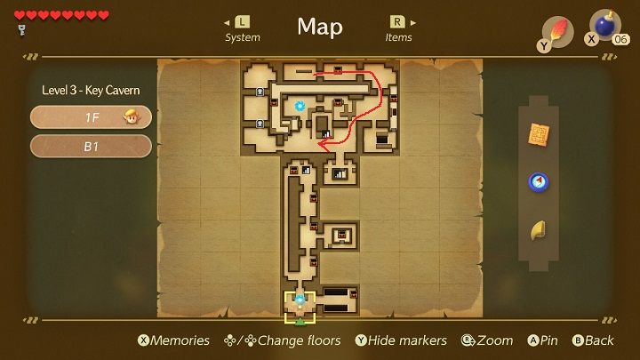 Wróć przez dwa pomieszczenia po prawej i zabij bomby - Key Cavern | Solucja The Legend of Zelda Links Awakening - The Legend of Zelda Links Awakening - poradnik do gry