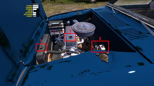 Uzupełnij płyn chłodniczy COOLANT w chłodnicy numer 1 - Pierwsze uruchomienie silnika - My Summer Car - poradnik do gry