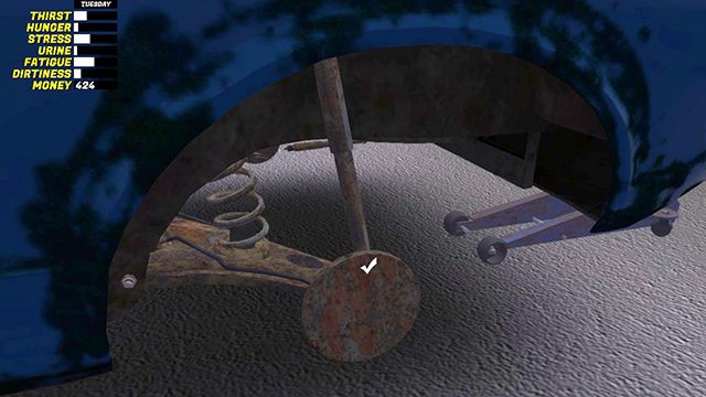 Amortyzator przykręcany jest do karoserii od strony bagażnika kluczem 12 - Zawieszenie i układ kierowniczy | Budowa samochodu Satsuma w My Summer Car - My Summer Car - poradnik do gry