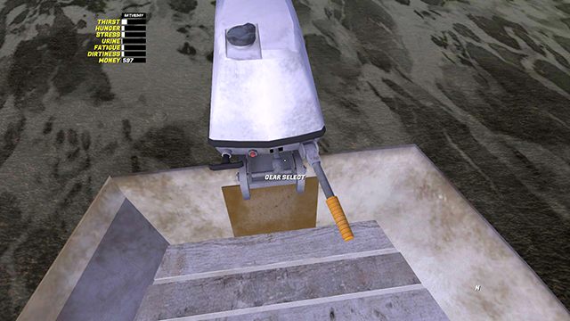 Po uruchomieniu silnika kliknij Gear Select, by wybrać kierunek płynięcia: 1 - do przodu, R - do tyłu. - Łódka | Pojazdy w My Summer Car - My Summer Car - poradnik do gry